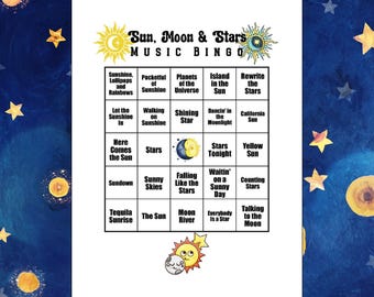 Sun, Moon & Stars Music Bingo, Spotify® Playlist, 56 Songs, 30 Game Cards