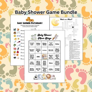 Baby Shower Game Bundle, 3 Games Included: Music Bingo with 42 Songs and Spotify® Playlist, Baby Pictionary, Baby Name Crossword, Song Bingo