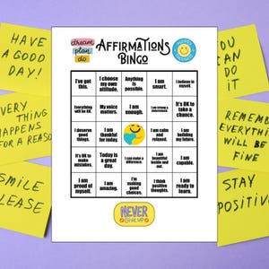 Juego de bingo de afirmaciones positivas: 25 cartones de bingo, un póster y 30 cartones de afirmaciones.