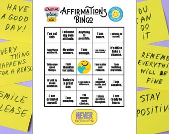 Positive Affirmations Bingo Game, 25 Cards, Poster (PDF Download)