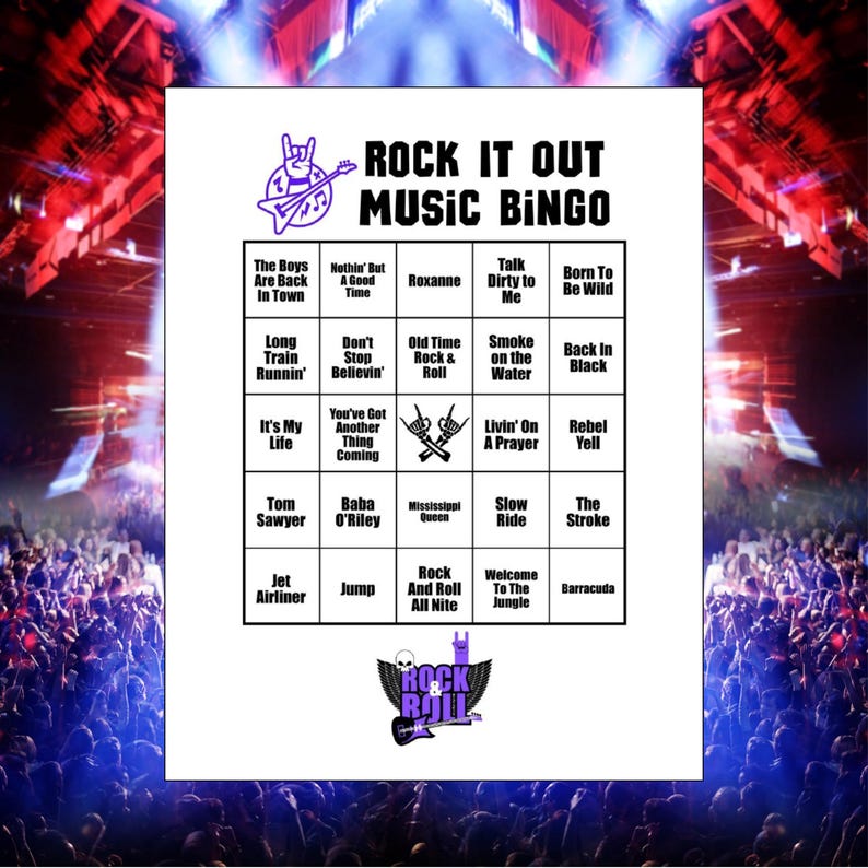 Puede incluir: Una tarjeta de bingo blanca con un tema de rock and roll p&uacute;rpura. La tarjeta presenta una cuadr&iacute;cula de t&iacute;tulos de canciones como "Born to Be Wild" y "Welcome to the Jungle". Las palabras "Rock It Out Music Bingo" est&aacute;n en la parte superior, con un logotipo de rock and roll.