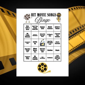 Musique de chansons de films à succès pour bingo, liste de lecture Spotify®, 55 cartes de chansons et 30 cartes de bingo incluses, divertissement pour les soirées jeux, téléchargement de chansons de bingo