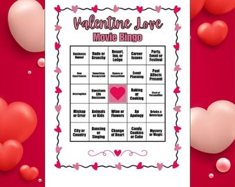 Hallmark Movie Bingo, Valentine Love Movie Bingo Cards, Movie Bingo Digital Download, Movie Bingo Card, Rom Com Bingo, Romance Movie Bingo