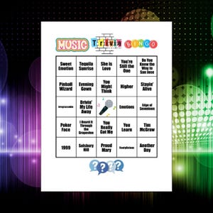 May include: A Music Trivia Bingo game card featuring a five-by-five grid of song titles, including Sweet Emotion, Pinball Wizard, and Poker Face. The center square displays a microphone icon with musical notes, and three blue question mark bubbles.