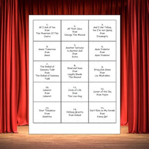 May include: A white sign displaying 15 musical theatre song titles, such as "All That Jazz," "Bring Him Home," and "Dear Theodosia." The sign is set against a backdrop of red stage curtains.