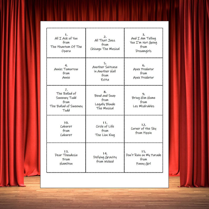 May include: A white sign displaying 15 musical theatre song titles, such as "All That Jazz," "Bring Him Home," and "Dear Theodosia." The sign is set against a backdrop of red stage curtains.
