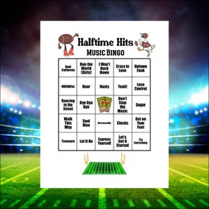 May include: A white sheet of paper with a "Halftime Hits Music Bingo" game. The game board features song titles and football-themed illustrations. The background shows a football field.