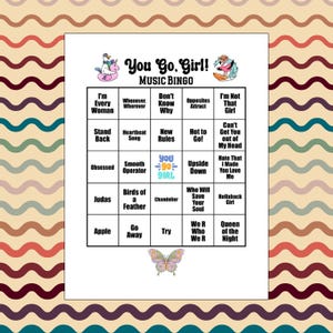 K&ouml;nnte beinhalten: Eine wei&szlig;e, rechteckige Musik-Bingo-Karte mit dem Titel You Go, Girl! Music Bingo und schwarzem Text in einem Raster. Sie zeigt ein gezeichnetes Einhorn und einen Flamingo oben, ein freies Feld in der Mitte mit buntem Text und einen Schmetterling unten.