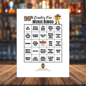 90s Country Fan Music Bingo, Spotify® Playlist, Song Cards & 30 Bingo Cards Included, Musical Bingo Game for Party or Game Night, 90s Songs