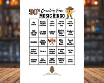 90s Country Music Bingo Game, Spotify® Playlist, 30 Cards