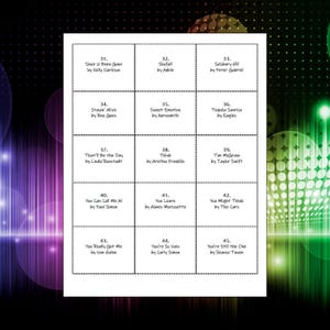 May include: A white rectangular sheet featuring a grid of fifteen black-bordered squares, each containing a song title and artist name numbered from 31 to 45, including tracks by Kelly Clarkson, Adele, Peter Gabriel, Bee Gees, Aerosmith, and others.