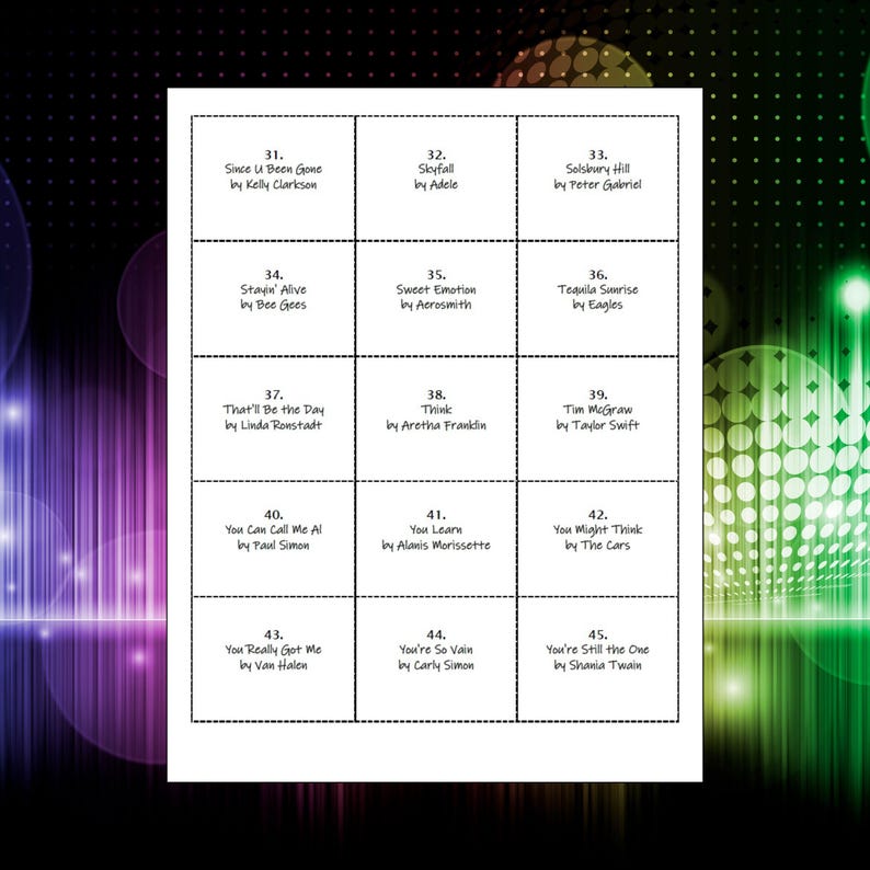 May include: A white rectangular sheet featuring a grid of fifteen black-bordered squares, each containing a song title and artist name numbered from 31 to 45, including tracks by Kelly Clarkson, Adele, Peter Gabriel, Bee Gees, Aerosmith, and others.