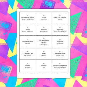 May include: A colorful grid of squares with numbers and song titles from the 90s. Each square features a different song title and artist. The grid is on a pink, blue, and yellow background.