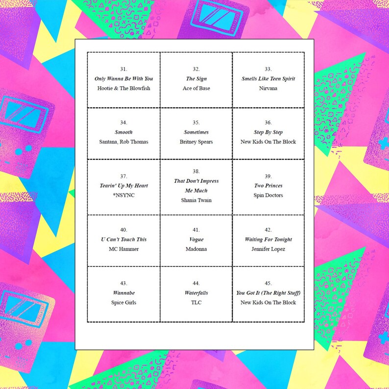 May include: A colorful grid of squares with numbers and song titles from the 90s. Each square features a different song title and artist. The grid is on a pink, blue, and yellow background.