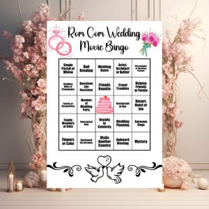 Tarjetas de bingo de películas de comedia romántica para bodas, bingo de comedia romántica, bingo Hallmark, bingo de noche de películas