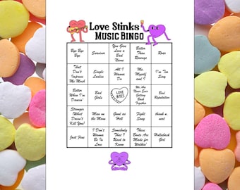 Bingo musical "Love Stinks", lista de reproducción de Spotify®, 45 canciones, 30 tarjetas