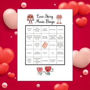 Bingo musical + jeu bonus pour la mariée ou la fête d'un couple, Bingo musical Love Story, liste de lecture Spotify®, 52 cartes de chansons et 25 cartes de bingo incluses