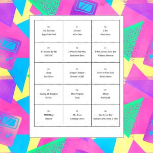 May include: A grid of 30 squares, each with a number and a song title and artist. The squares are arranged in a 6x5 grid. The background is a colorful pattern of pink, blue, and yellow triangles.