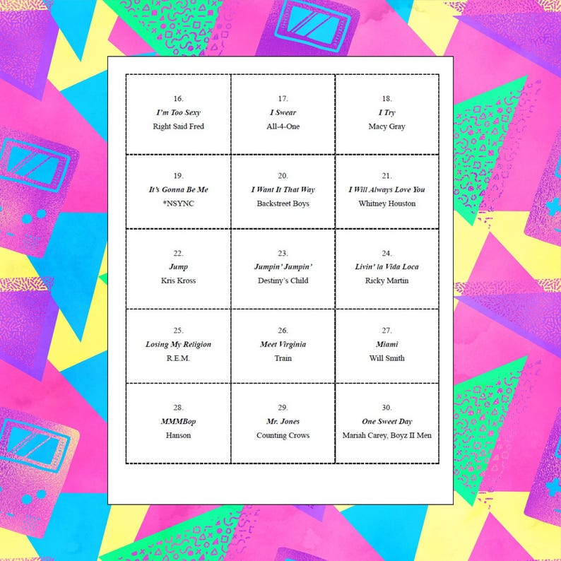 May include: A grid of 30 squares, each with a number and a song title and artist. The squares are arranged in a 6x5 grid. The background is a colorful pattern of pink, blue, and yellow triangles.