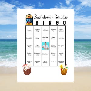 Bingo "Bachelor in Paradise", 25 cartones de bingo, Juego de bingo para fiestas de Bachelor in Paradise, Bingo descargable, Juegos de grupo para ver en grupo