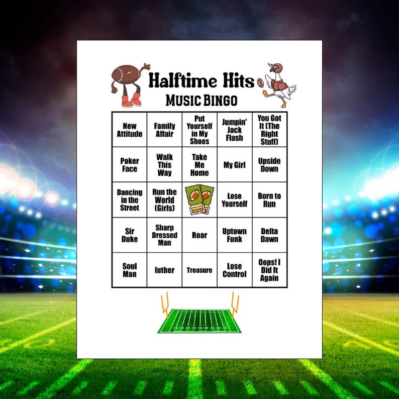 May include: A white sheet of paper with a football-themed music bingo game. The game board features song titles like "Uptown Funk" and "Dancing in the Street." The title "Halftime Hits" is at the top.