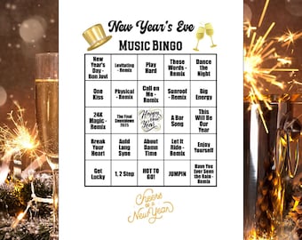 Bingo musical de Nochevieja, lista de reproducción de Spotify®, 56 canciones, 50 tarjetas únicas