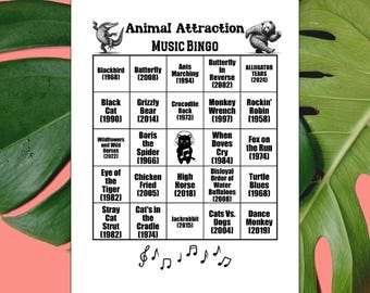 Animal Attraction Music Bingo Game, Spotify® Playlist, 45 Songs, 30 Cards