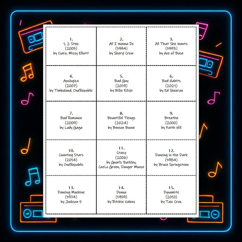 Il gioco di bingo musicale numero 2, playlist Spotify®, 45 canzoni, 30 cartelle immagine 9