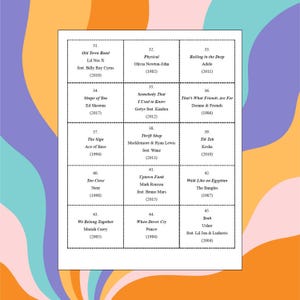 May include: A grid of song titles and artists, including "Old Town Road" by Lil Nas X, "Shape of You" by Ed Sheeran, and "We Belong Together" by Mariah Carey. The songs are listed with the year of release. The background is a colorful, abstract design.