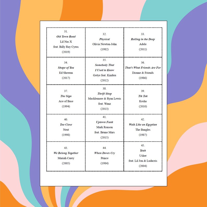 May include: A grid of song titles and artists, including "Old Town Road" by Lil Nas X, "Shape of You" by Ed Sheeran, and "We Belong Together" by Mariah Carey. The songs are listed with the year of release. The background is a colorful, abstract design.