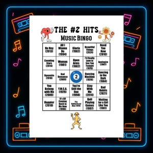 Pu&ograve; includere: Una scheda di gioco del bingo musicale con sfondo nero e accenti blu neon e rosa. La scheda presenta una griglia di titoli di canzoni e anni, con il titolo "The #2 Hits Music Bingo" in alto. Un nastro per cassette retr&ograve; e note musicali sono sullo sfondo.