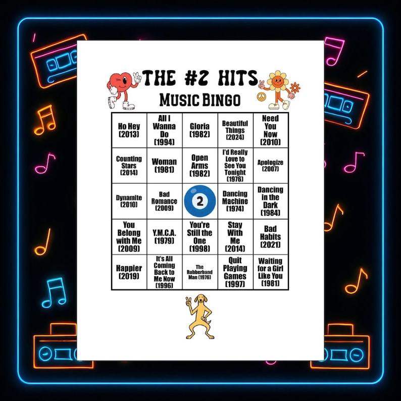 Pu&ograve; includere: Una scheda di gioco del bingo musicale con sfondo nero e accenti blu neon e rosa. La scheda presenta una griglia di titoli di canzoni e anni, con il titolo "The #2 Hits Music Bingo" in alto. Un nastro per cassette retr&ograve; e note musicali sono sullo sfondo.