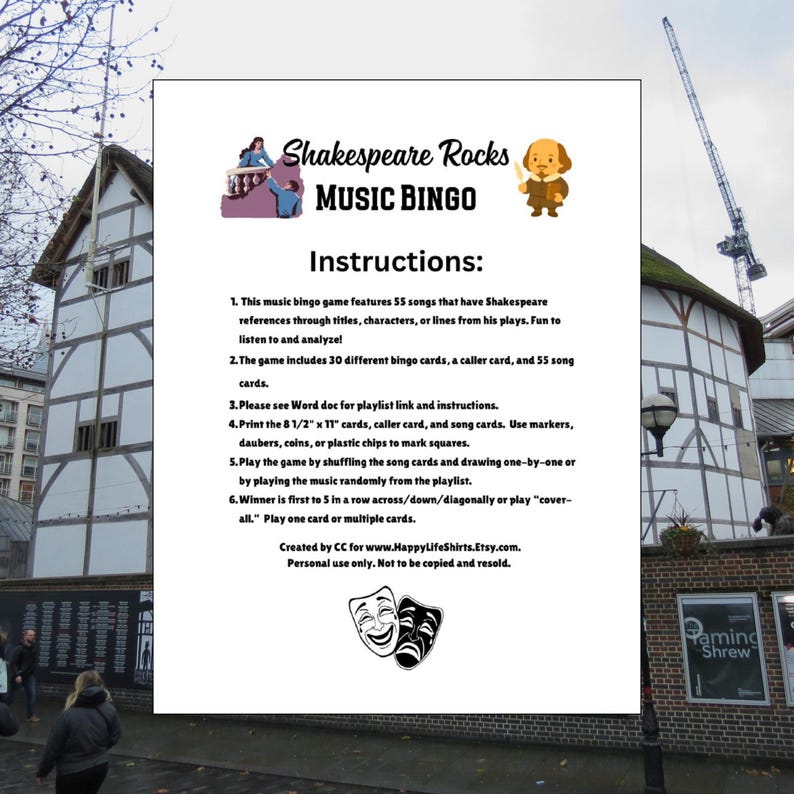 May include: A white sheet of paper with the title "Shakespeare Rocks Music Bingo" and instructions for playing the game. The game includes 30 bingo cards, a caller card, and 55 song cards. The game is designed for personal use.