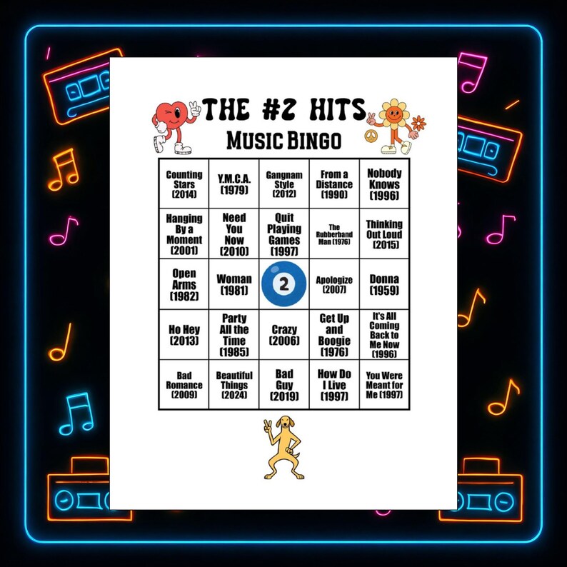 Pu&ograve; includere: Una scheda di gioco del bingo musicale intitolata "The #2 Hits Music Bingo". La scheda presenta una griglia di titoli di canzoni e anni, con illustrazioni retr&ograve; e un bordo al neon. Il design ha un'estetica divertente e nostalgica.