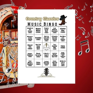 Country Classics Music Bingo, Spotify® Playlist, 60 Song Cards & 30 Bingo Cards Included, Musical Bingo Game for Party or Game Night
