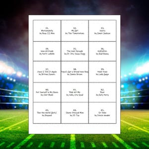 May include: A white sheet with a grid of song titles and artists, including "Motownphilly" by Boyz II Men, "My Girl" by The Temptations, and "Nasty" by Janet Jackson. The sheet is set against a blurred background of a football field.