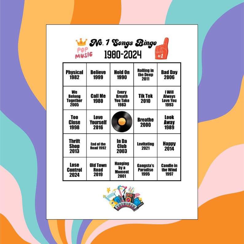 May include: A bingo card with the title "No. 1 Songs Bingo 1980-2024" featuring a list of song titles and years. The card has a white background with a colorful design. The top of the card has a crown and a hand pointing up.