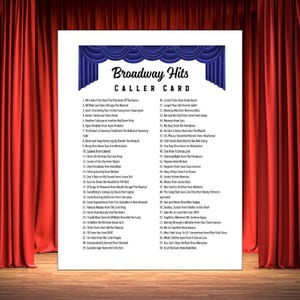May include: A white caller card titled "Broadway Hits" with a blue curtain design at the top. The card lists 58 song titles from various Broadway musicals, printed in black text on a white background.