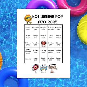 Bingo de música pop de verano con canciones de los años 70, 80, 90 y 2000, lista de reproducción de Spotify®, 56 tarjetas de canciones y 25 tarjetas de bingo incluidas
