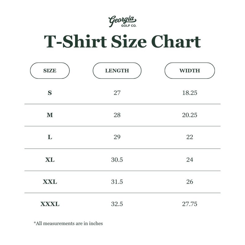 K&ouml;nnte beinhalten: T-Shirt Gr&ouml;&szlig;entabelle mit Ma&szlig;en in Zoll f&uuml;r die Gr&ouml;&szlig;en S, M, L, XL, XXL und XXXL. Die Tabelle zeigt die L&auml;nge und Breite jeder Gr&ouml;&szlig;e.