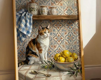 Décoration murale chat calicot avec citrons, affiche de carreaux méditerranéens
