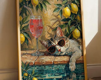 Décoration chat calicot au bord de la piscine avec citronnier, oeuvre d'art murale estivale méditerranéenne