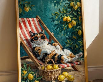 Impression d'art mural chat calicot, affiche citron, lunettes de soleil drôles Kitty, cadeau déco littoral méditerranéen