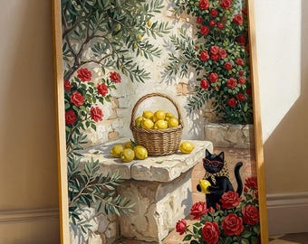 Art mural citron avec chat noir, décoration de cuisine méditerranéenne, impression de jardin à l'italienne, art cottagecore