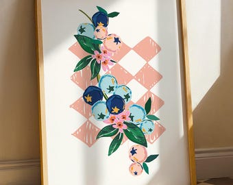 Art mural cuisine myrtille, impression de fruits méditerranéens, affiche botanique colorée, cadeau de pendaison de crémaillère