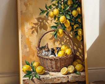Chat calicot endormi aux citrons, affiche de cuisine méditerranéenne