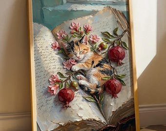 Chat calicot endormi sur un livre d'art mural vintage, affiche florale de grenade empâtement