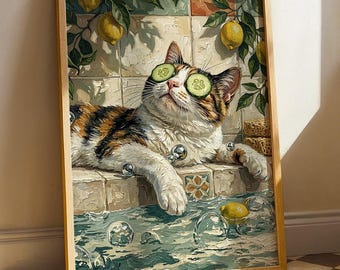 Poster d'art mural déco chat calicot, impression de salle de bain citronnier, méditerranéen fantaisiste
