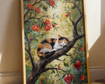 Peinture à l'huile d'empâtement de chat de calicot, impression botanique de grenadier, art texturé fantaisiste de chat