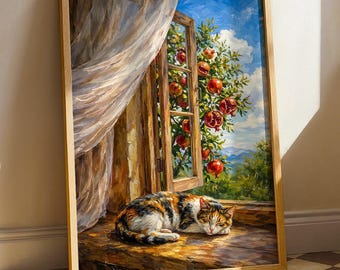 Art mural grenadier chat calicot, impression de fenêtre méditerranéenne, décoration d'intérieur impressionniste moderne
